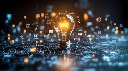 Aufkleber - A glowing light bulb at the center, symbolizing groundbreaking innovation, surrounded by interconnected icons of technology, ideas, and creativity, with futuristic energy lines