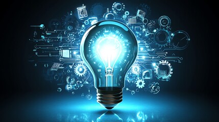 Aufkleber - A glowing light bulb representing innovation surrounded by icons of gears, circuits, and light beams symbolizing creativity and technology, against a sleek modern backdrop