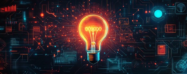 Poster - A light bulb emitting vibrant rays of innovation, surrounded by icons of brainstorming, digital design, and technology tools, with a circuit boardinspired backdrop