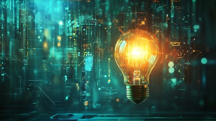 Aufkleber - A light bulb glowing with innovative energy, surrounded by creative icons of VR, AI, and digital networks, set against a sleek, futuristic backdrop