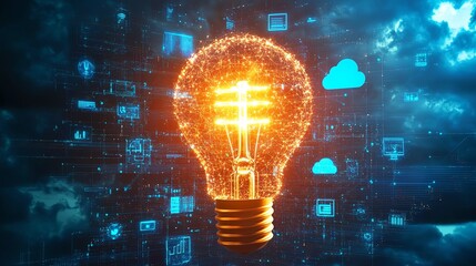 Leinwandbilder - A light bulb radiating innovation, encircled by symbols of AI, cloud computing, and digital networks, set against a dynamic technological interface