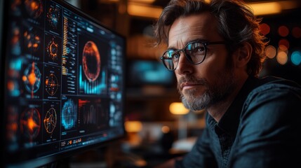 Leinwandbilder - A professional analyzes intricate quantum computing visualizations on a computer screen in a contemporary office. Concepts like superposition and entanglement are examined closely.