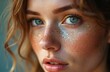 © miss irine - Close-up portrait of model with glitter freckles, makeup. Sparkling golden glistering freckle art, creative, fancy, unique. Glamorous face, elegant fashion, warm soft light, festive radiant skin.