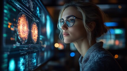 Poster - A researcher analyzes quantum algorithms on a large screen in a modern laboratory, focusing on superposition, entanglement, and optimization techniques.