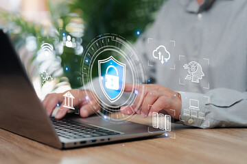 cyber security and security password login online concept, businessman use laptops to log in online 
