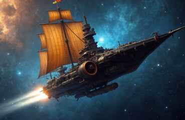 Wall Mural - steampunk space sailing ship flies in galaxy among stars, nebulae. spaceship features sails, steampu