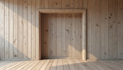 Fototapete - Bright light wooden interior features wall with empty doorway. Natural oak or pine wood planks texture create rustic decor. Scandinavian interior design or cozy home concept.