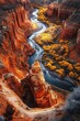 © kucret - Canyon river autumn aerial view, vibrant colors, nature background, travel poster
