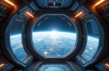 Wall Mural - view from spaceship orbiting earth. planet covered with clouds and city lights. futuristic interior 
