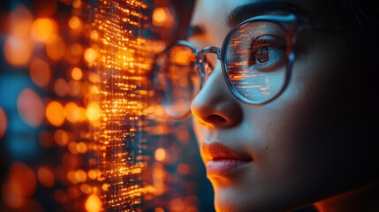 Leinwandbilder - In a dimly lit space, a young individual gazes intently at a glowing array of data streams.