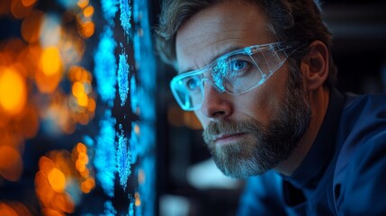 Leinwandbilder - A researcher focuses intently on quantum computing theories, analyzing visual representations of qubits and their properties. The environment showcases high-tech equipment and data visualizations.