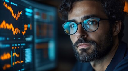 Leinwandbilder - A researcher analyzes complex datasets related to quantum computing and machine learning in a contemporary office. Focus is on algorithms as he provides insights into qubits and neural networks.