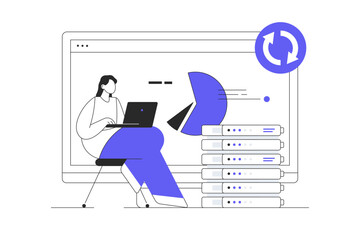 woman character with laptop, monitor with cloud computing and data analysis on screen. flat cartoon 