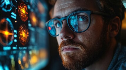 Fototapete - A researcher focuses intently on a display featuring intricate quantum computing concepts, such as qubits, entanglement, and decoherence in a modern lab environment late at night.