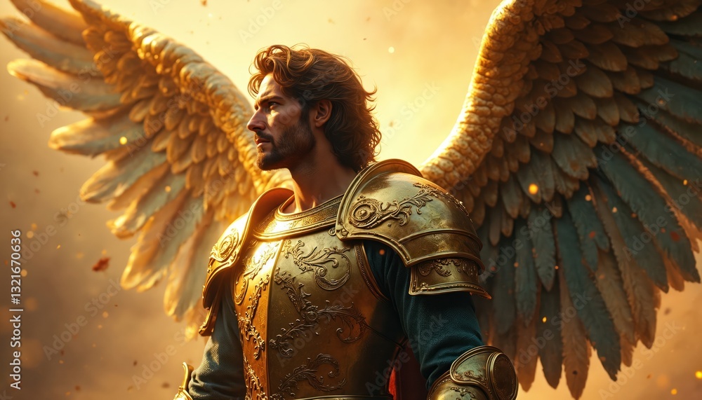 Biblical Archangel Michael in glorious golden armor, side view. Angelic ...
