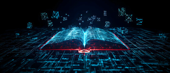 Open Digital Book With Data Emanating From Pages Against a Circuit Board Background