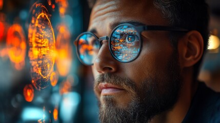Leinwandbilder - A focused individual examines quantum computing principles like qubits, superposition, and entanglement reflected in smart glasses. The intricate patterns illuminate his thoughtful expression.