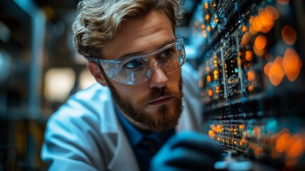 Leinwandbilder - A researcher in a lab examines intricate circuitry associated with quantum computing. The focus is on studying qubits, superposition, and their entanglement for groundbreaking experiments.