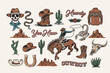 A Western-themed vector illustration set with cowboys, horses, hats, boots, skulls, cacti, and classic Wild West elements. Perfect for t-shirts, stickers, posters, and branding