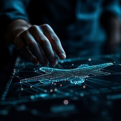 A businessman interacting with an advanced interface highlighting airline network connections and travel technology, symbolizing global business travel