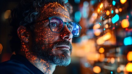 Leinwandbilder - A focused individual examines complex quantum and neural network patterns illuminated against a high-tech backdrop, illustrating deep exploration in algorithm optimization.