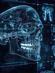 Aufkleber - Detailed blueprint displaying a jawbone with implants highlighted on a dark medical background showcasing skeletal anatomy features