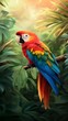 © PinkBirdDesign - Beautiful Scarlet Macaw Perched on a Branch in a Lush Tropical Jungle with Vibrant Red, Blue, and Yellow Feathers Creating a Stunning Contrast