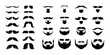 © SpicyTruffel - Black beard. Curly man silhouette, goggles haircut or hair for male hipster character, moustache and whisker style. Facial guy icon. Portrait objects. Barbershop isolated vector illustration