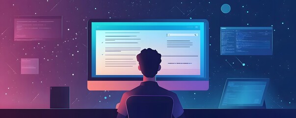 a person coding on a computer with screens and a starry background.