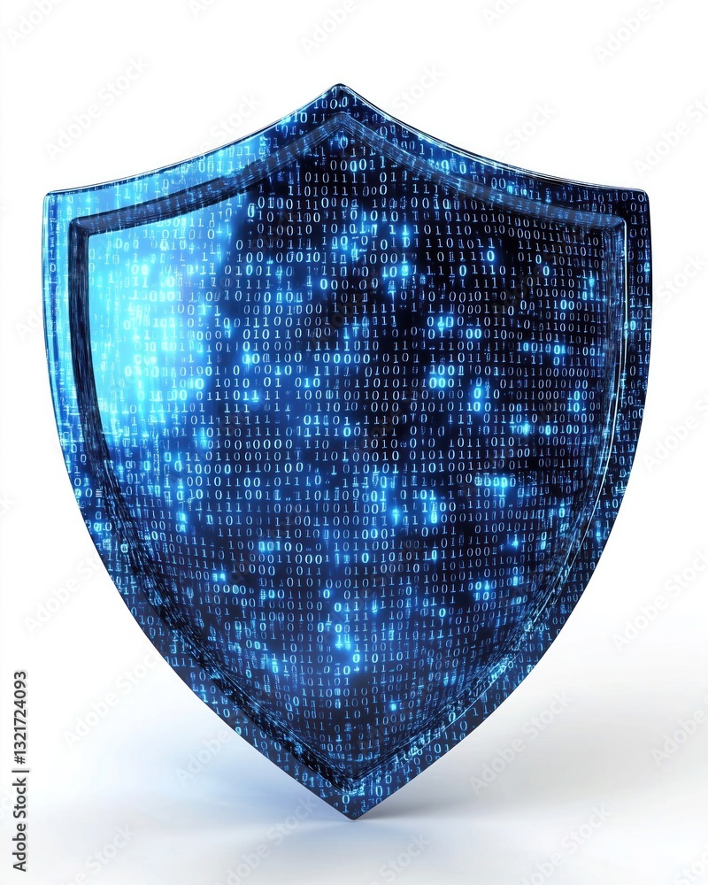 Digital blue shield covered with binary code patterns, representing ...