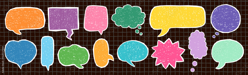 Hand drawn colorful doodle speech bubbles with texture, oval, star ...