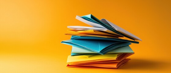 Leinwandbilder - A stack of colorful paper envelopes on a yellow background