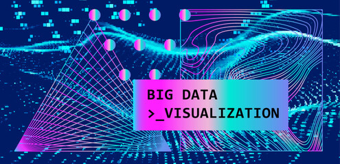 Poster - Vector illustration  featuring abstract graphics, lines, and holographic neon shapes against a digital blue pixelated background, highlighting themes of technology and data analysis.