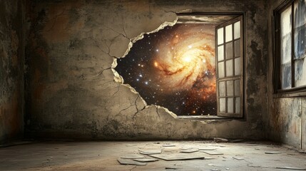 Wall Mural - Open door overlooking the universe in an abandoned house