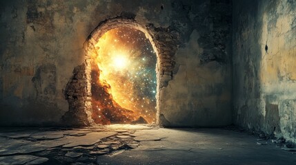 Wall Mural - Open door overlooking the universe in an abandoned house