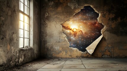 Wall Mural - Open door overlooking the universe in an abandoned house