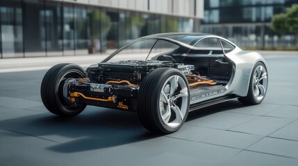 Aufkleber - Cutaway view of a modern electric car showcasing its engine, battery, and chassis parked outdoors.
