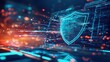 © savittree - A modern cybersecurity insurance concept with a secure shield overlaying a monitor and digital data streams.