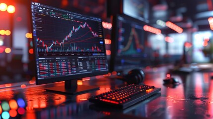 Poster - A busy trading environment features multiple screens displaying stock market data and charts, illuminated by dynamic LED lights, as traders focus on their strategies.