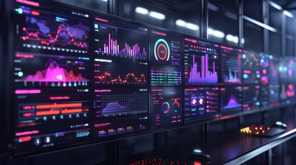 Leinwandbilder - Brightly colored graphs and charts illuminate the walls of a modern control room, highlighting data trends and analytics during nighttime. The environment reflects advanced technology.