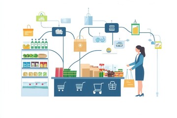 Aufkleber - Grocery order flow infographic illustrating selection, checkout, packaging, delivery, and customer satisfaction in a clean layout