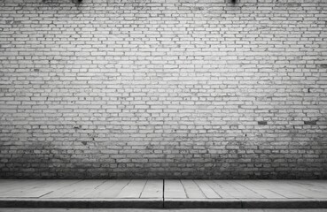 Poster - White brick wall, pavement. Old weathered grey bricks, concrete sidewalk, asphalt road create urban background. Empty grunge facade, minimalist design, industrial architecture textures for