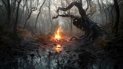 Poster - Mystical storyteller by the fire in enchanted forest fantasy illustration dark atmosphere close-up view