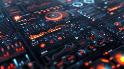 Leinwandbilder - Complex interface shows multiple data points, graphs, and metrics, highlighting a vibrant color palette, likely monitored in a tech oriented workspace at night.