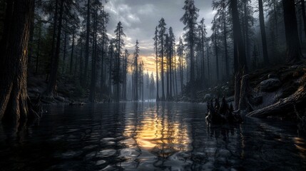 Wall Mural - Twilight serenity majestic forest reflections on still water nature enchanted landscape peaceful view