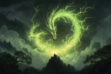 Wall Mural - A green dragon is depicted in the sky with a green aura surrounding it