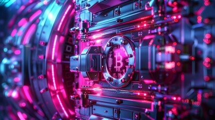 Poster - A cutting edge bitcoin mining machine glows with vibrant neon colors, showcasing intricate circuitry and modern technology during the nighttime, capturing a sense of innovation and digital finance.