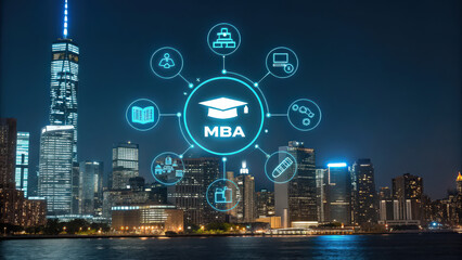 Aufkleber - digital illustration of city skyline night with MBA icons representing education and business opportunities. glowing symbols include graduation cap, book, and briefcase, highlighting connection