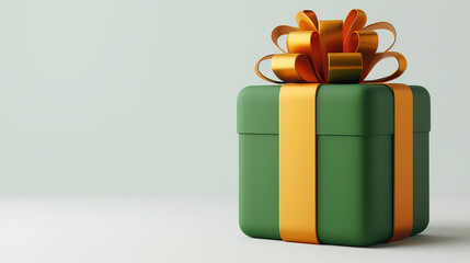 Leinwandbilder - minimalistic 3D illustration of green gift box with orange ribbon and bow, set against light background. design is simple yet elegant, perfect for festive occasions