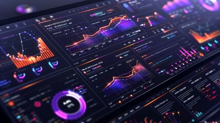 Leinwandbilder - Colorful graphs showcase various data trends and analytics on a sleek digital dashboard, emphasizing data visualization techniques in a technology oriented workspace during night hours.